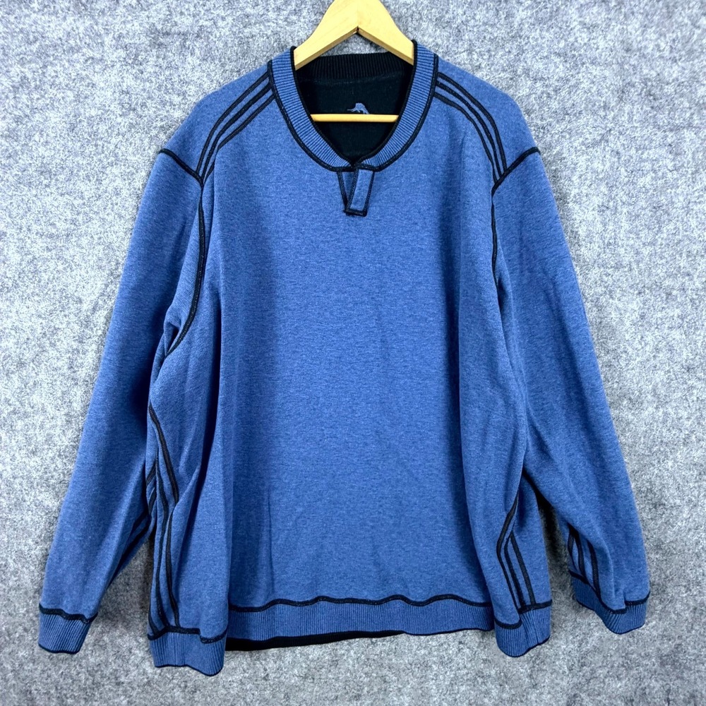 Tommy Bahama Sweater Mens XL Black Blue Reversible V Neck Pullover Knit Stripe
